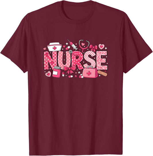 Valentines Day Nurse Stethoscope Coquette Bow Cute Nurses T-Shirt - T-Shirt | Maroon