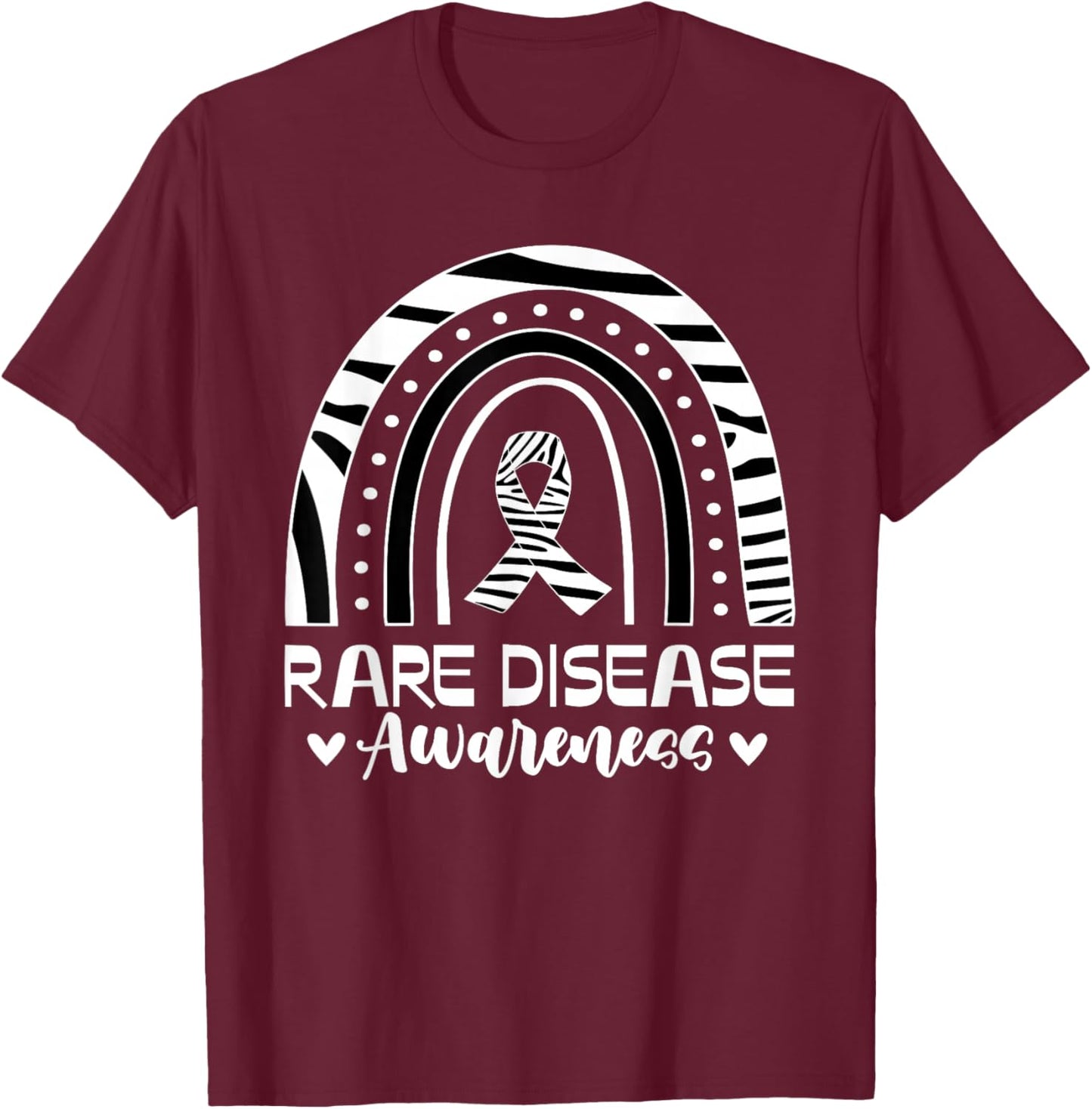 Rare Disease Awareness Rainbow Zebra Ribbon T-Shirt - T-Shirt | Maroon