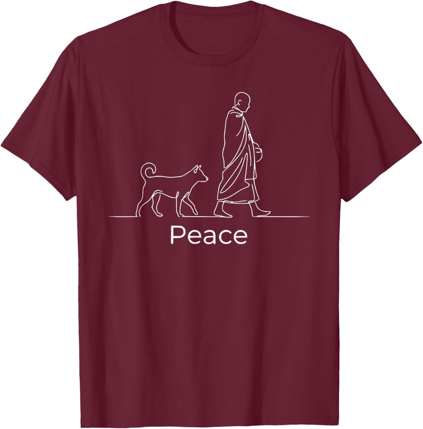 Peace Minimalist Zen Art Walk for Peace Monks with Aloka Dog T-Shirt - T-Shirt | Maroon