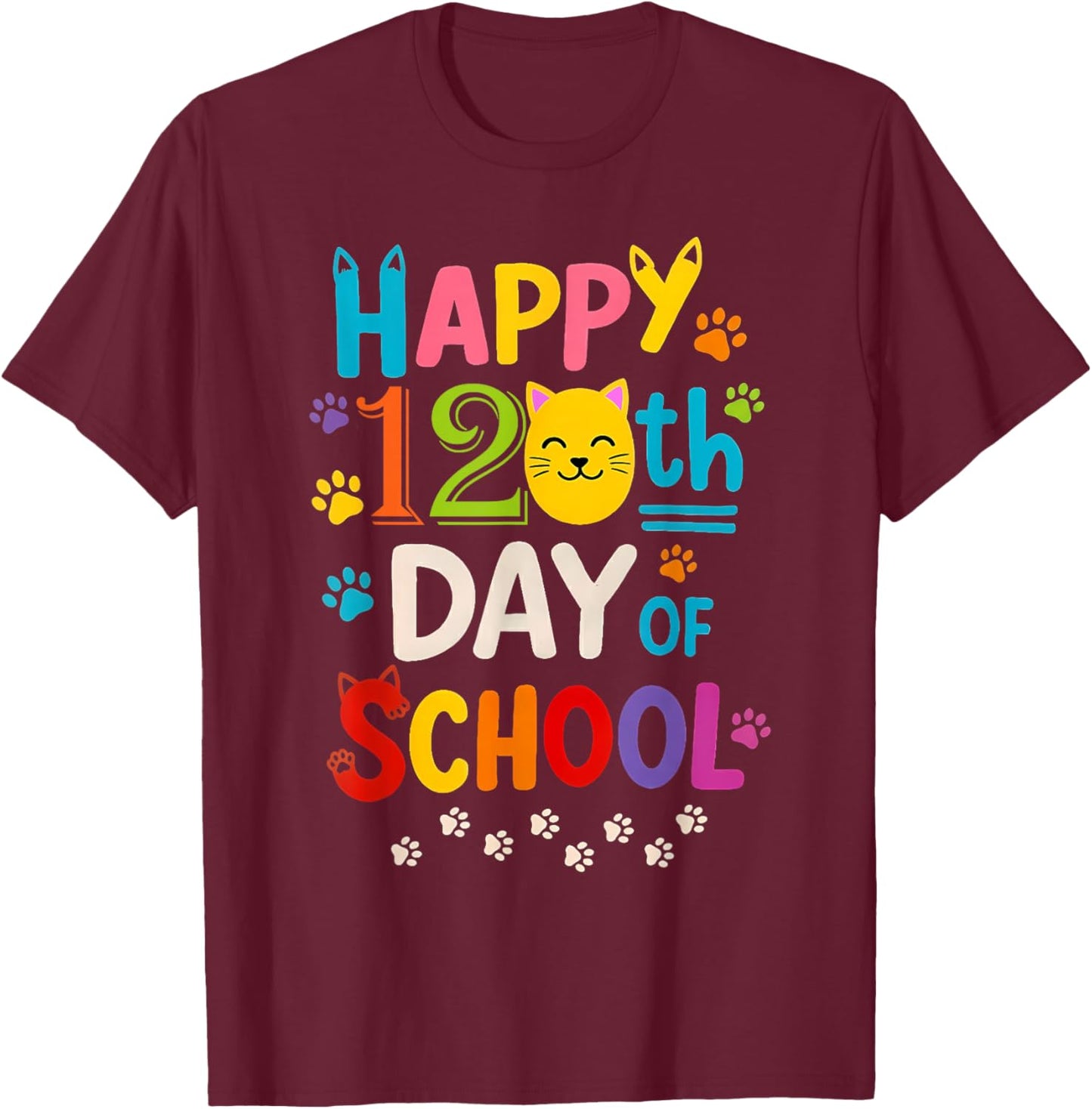 120th Day of School 120 Days of Pawsome Cat Paws Boys Girls T-Shirt - T-Shirt | Maroon