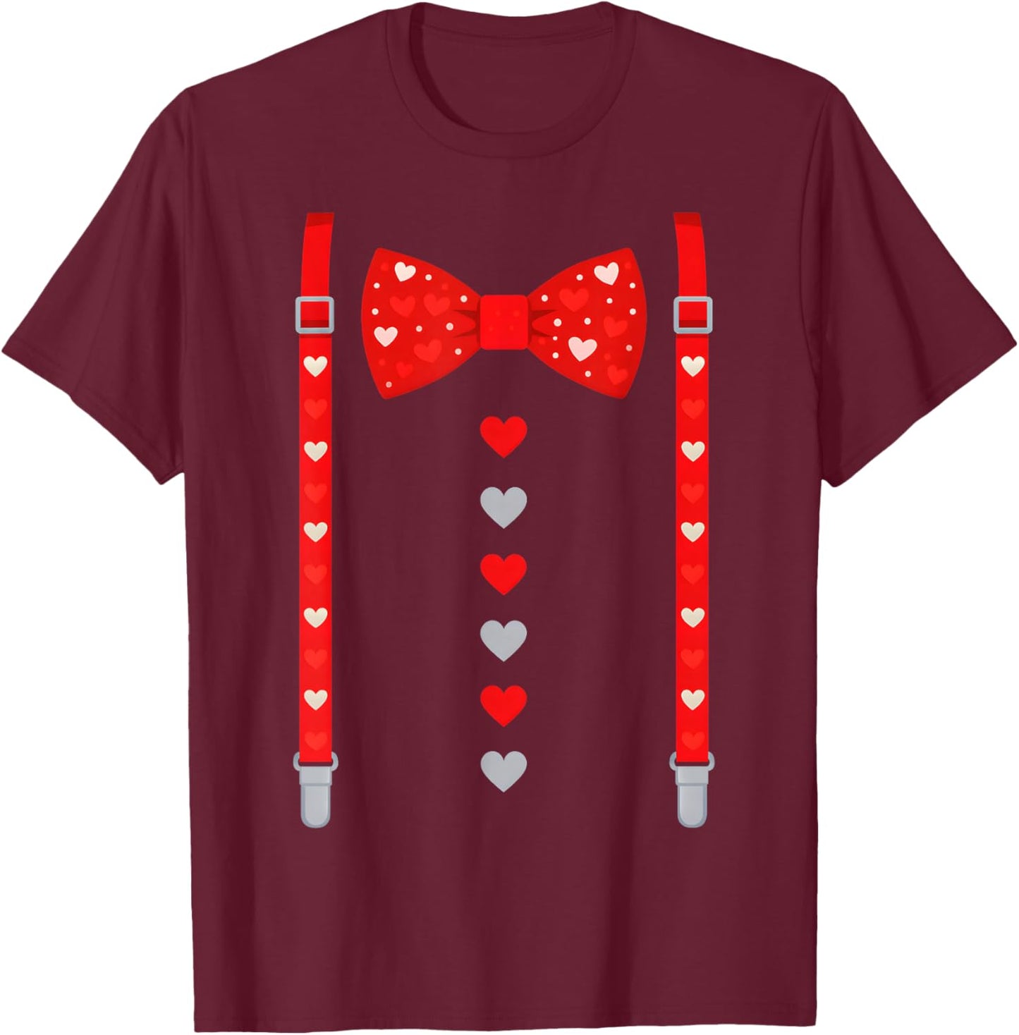 Valentine Red Hearts Bow Tie Suspenders Costume Boys T-Shirt - T-Shirt | Maroon