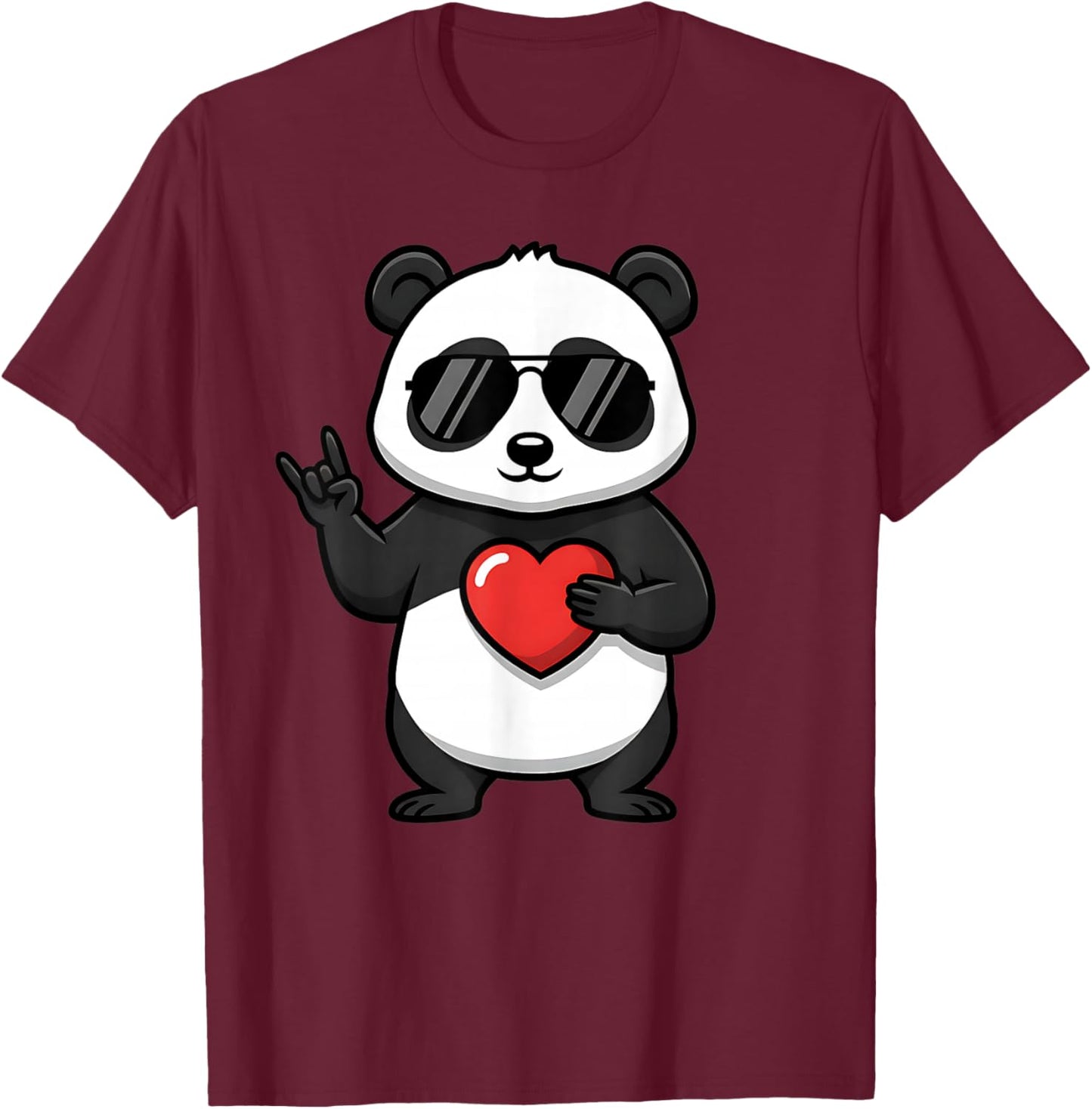 Valentines Day Cute Panda Heart Rock Hand Music Kids T-Shirt - T-Shirt | Maroon