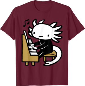 Axolotl Piano Player Cartoon Graphic T-Shirt - T-Shirt | Maroon