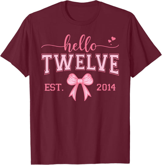 Hello Twelve Est. 2014 Coquette Bow 12th Birthday Girl T-Shirt - T-Shirt | Maroon