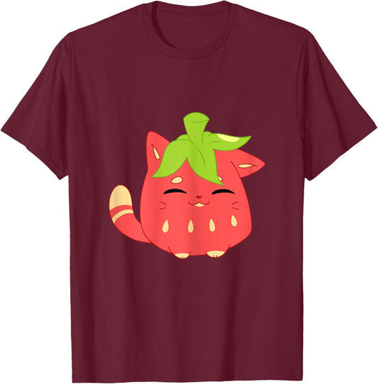 Cute Funny Sweet Cartoon Strawberry Shaped Smiling Cat T-Shirt - T-Shirt | Maroon