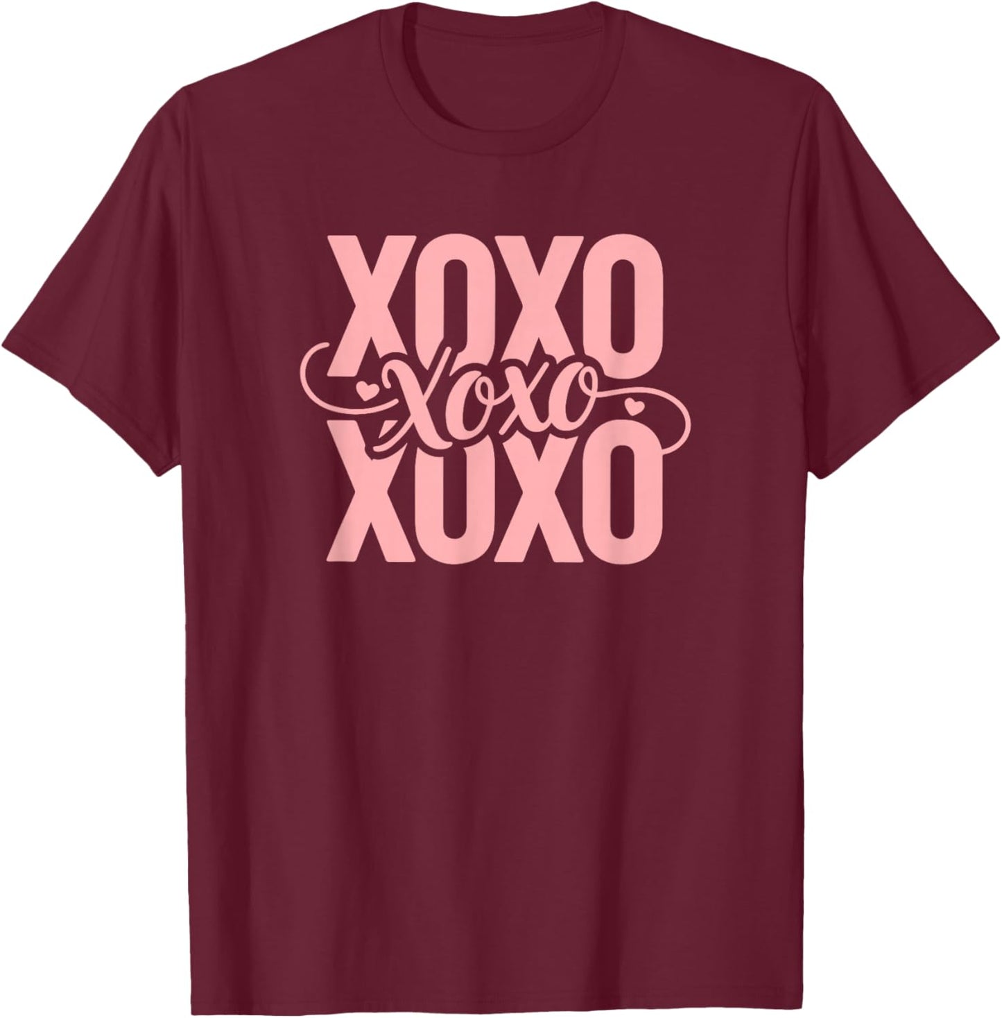 XOXO Hugs and Kisses Pink Retro Typography Valentine T-Shirt - T-Shirt | Maroon