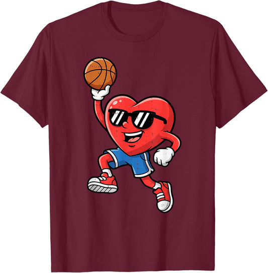 Heart Play Basketball Valentines Day for Teen Boys Girls Kid T-Shirt - T-Shirt | Maroon
