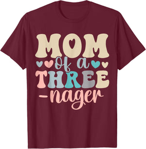Mom of A Threenager 3rd Birthday Matching Family Boho T-Shirt - T-Shirt | Maroon