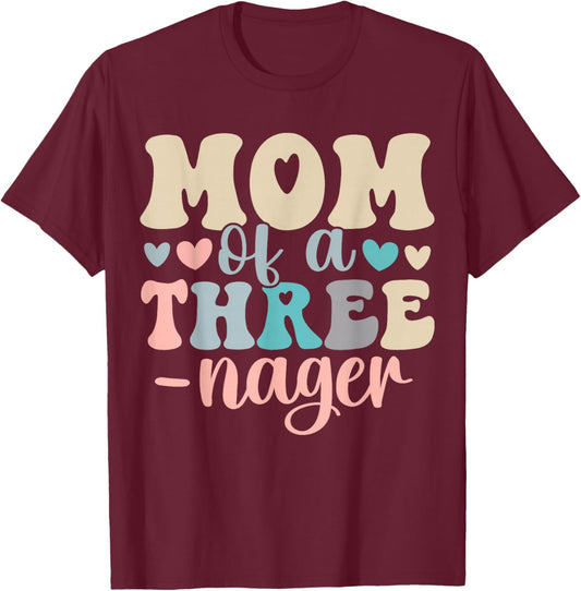 Mom of A Threenager 3rd Birthday Matching Family Boho T-Shirt - T-Shirt | Maroon