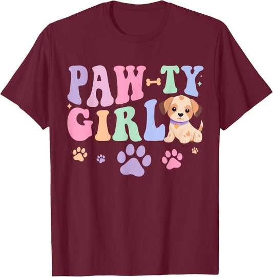 Let's Pawty Girl Birthday Dog Puppy Party Girl Kids Birthday T-Shirt - T-Shirt | Maroon