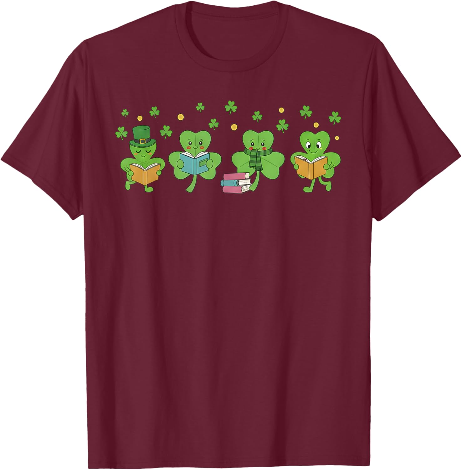 Lucky Teacher St Patricks Day Library Shamrock Book Lover T-Shirt - T-Shirt | Maroon