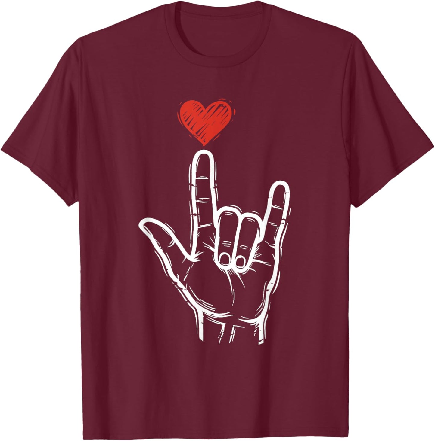 Valentines Day I Love You Hand Sign ASL Heart Women Men T-Shirt - T-Shirt | Maroon