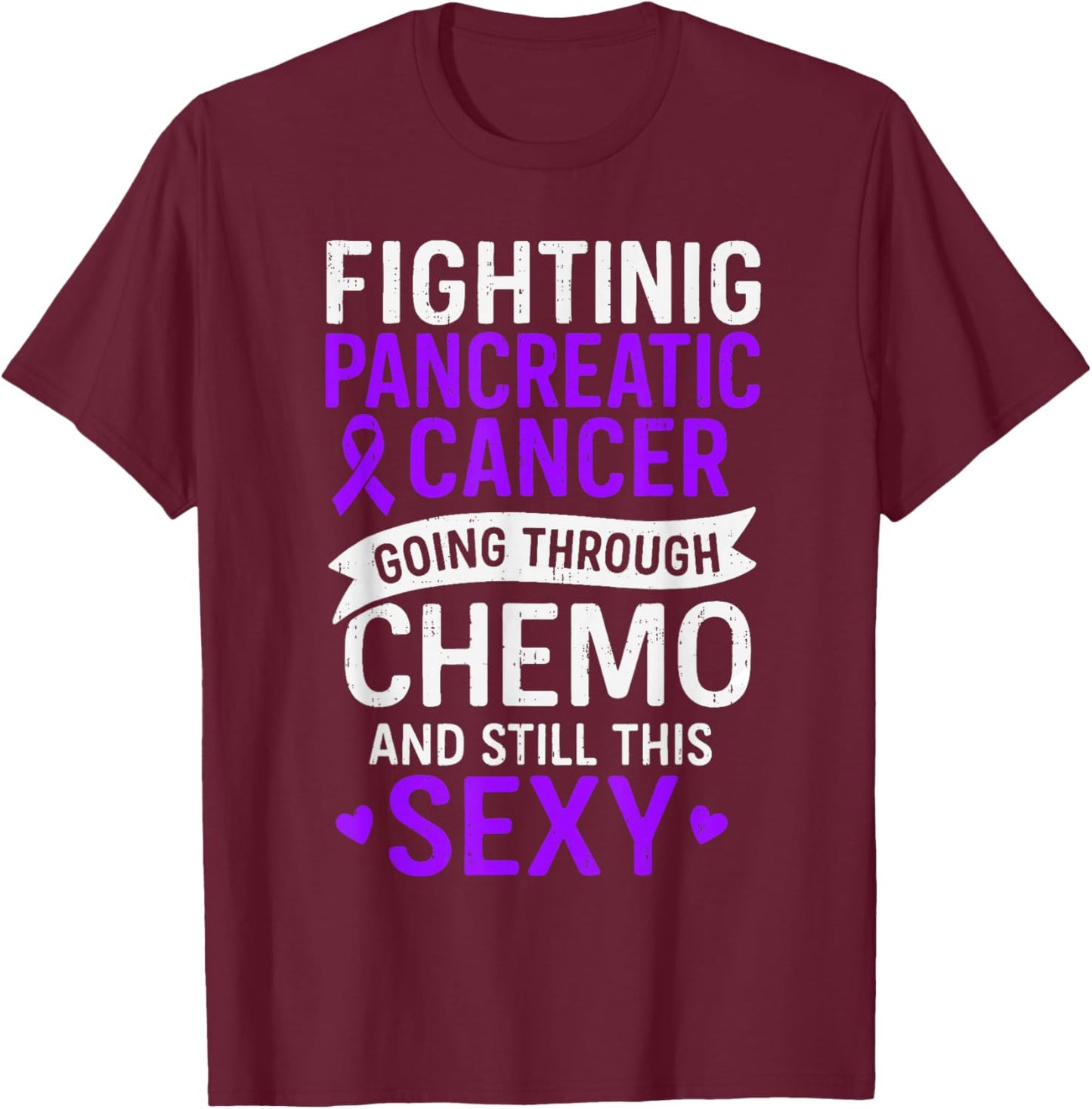 Fighting Pancreatic Cancer Awareness Ribbon Purple Support T-Shirt - T-Shirt | Maroon