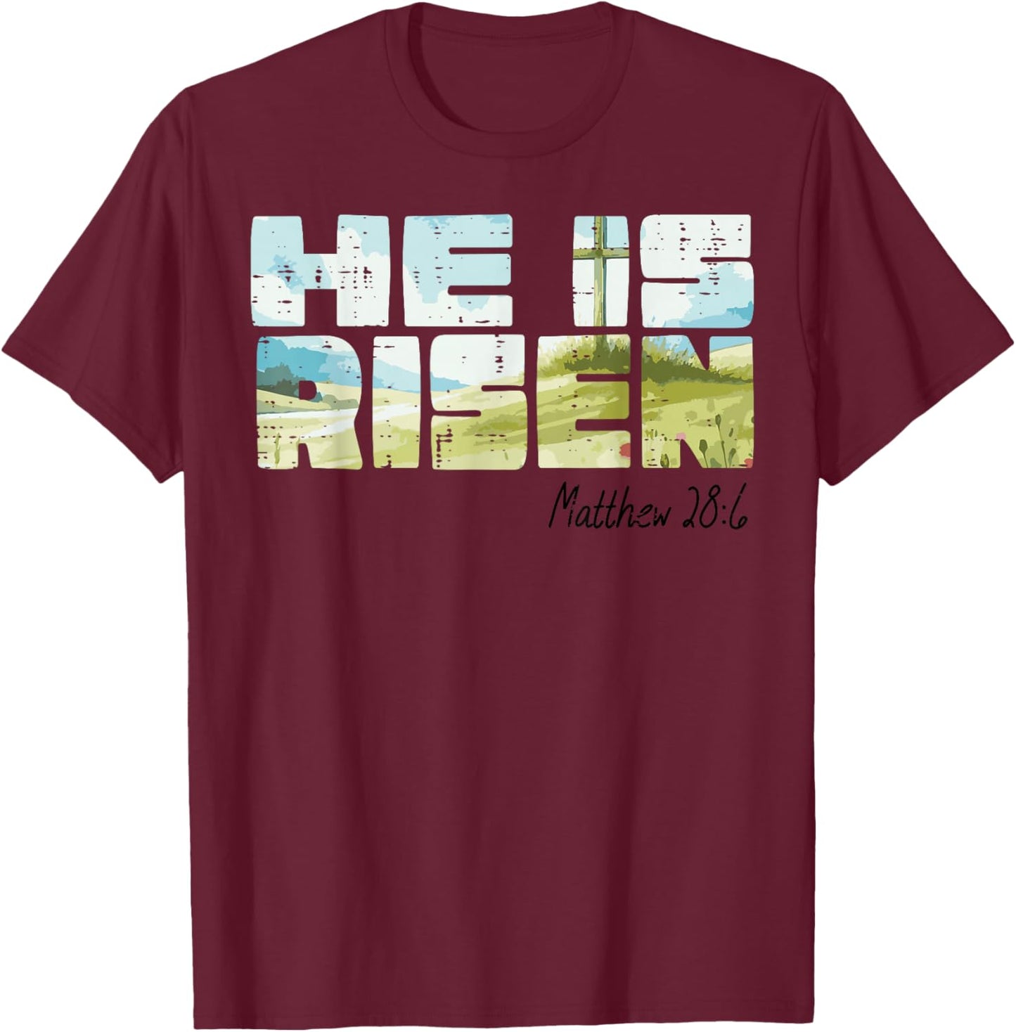 Easter He is Risen Cross Hill Jesus Religious Men Women Kids T-Shirt - T-Shirt | Maroon