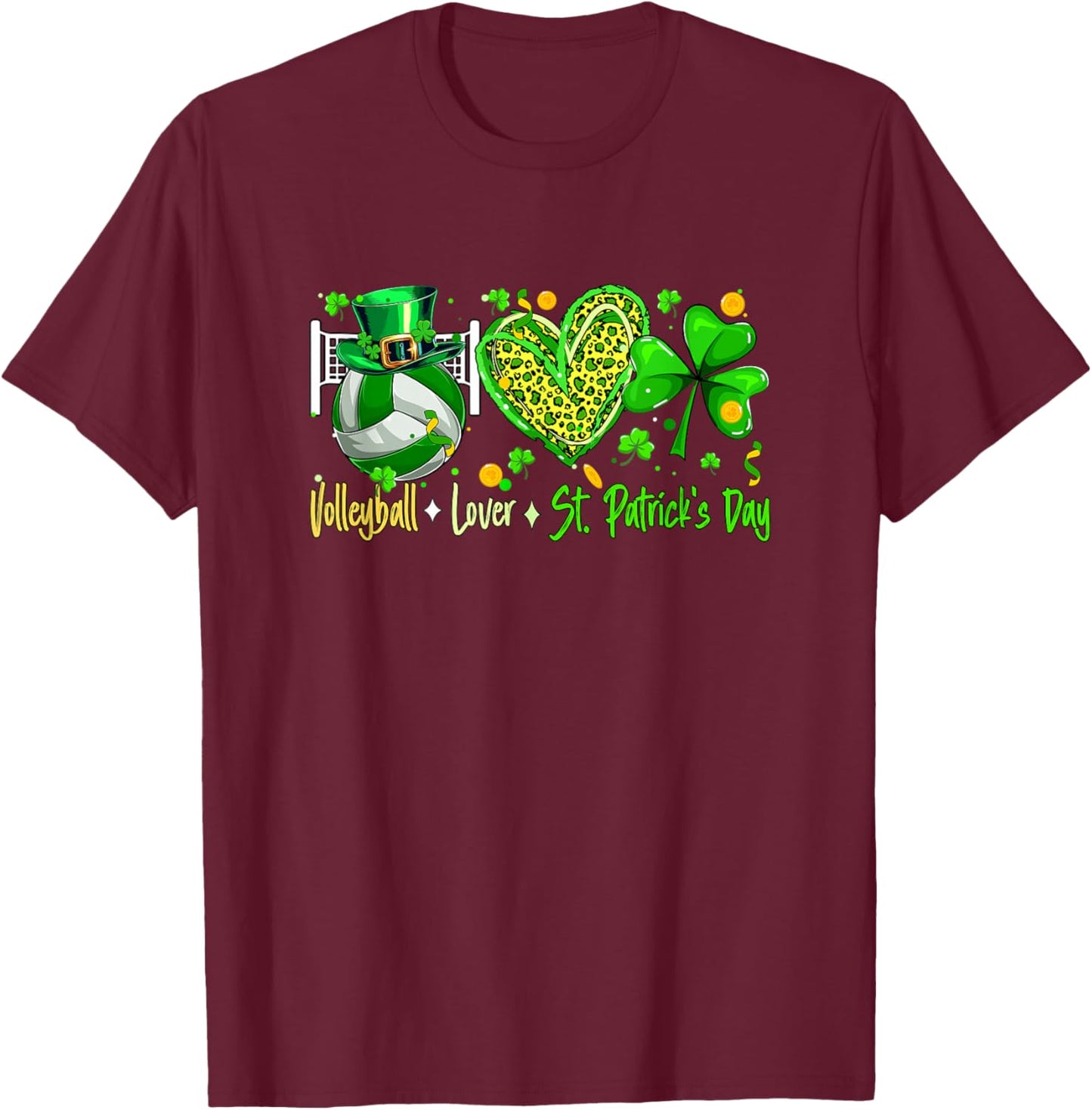 Volleyball Lover St. Patrick's Day Player Team Leopard Heart T-Shirt - T-Shirt | Maroon