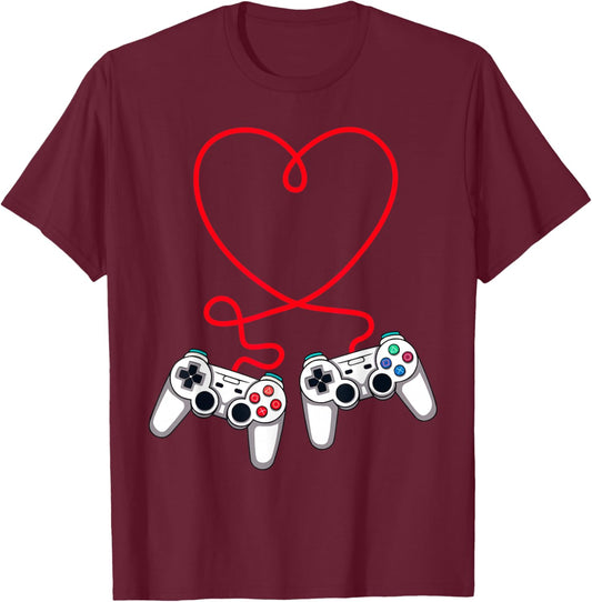 Video Gamer Valentines Day Controllers Heart Teens Boys Kids T-Shirt - T-Shirt | Maroon
