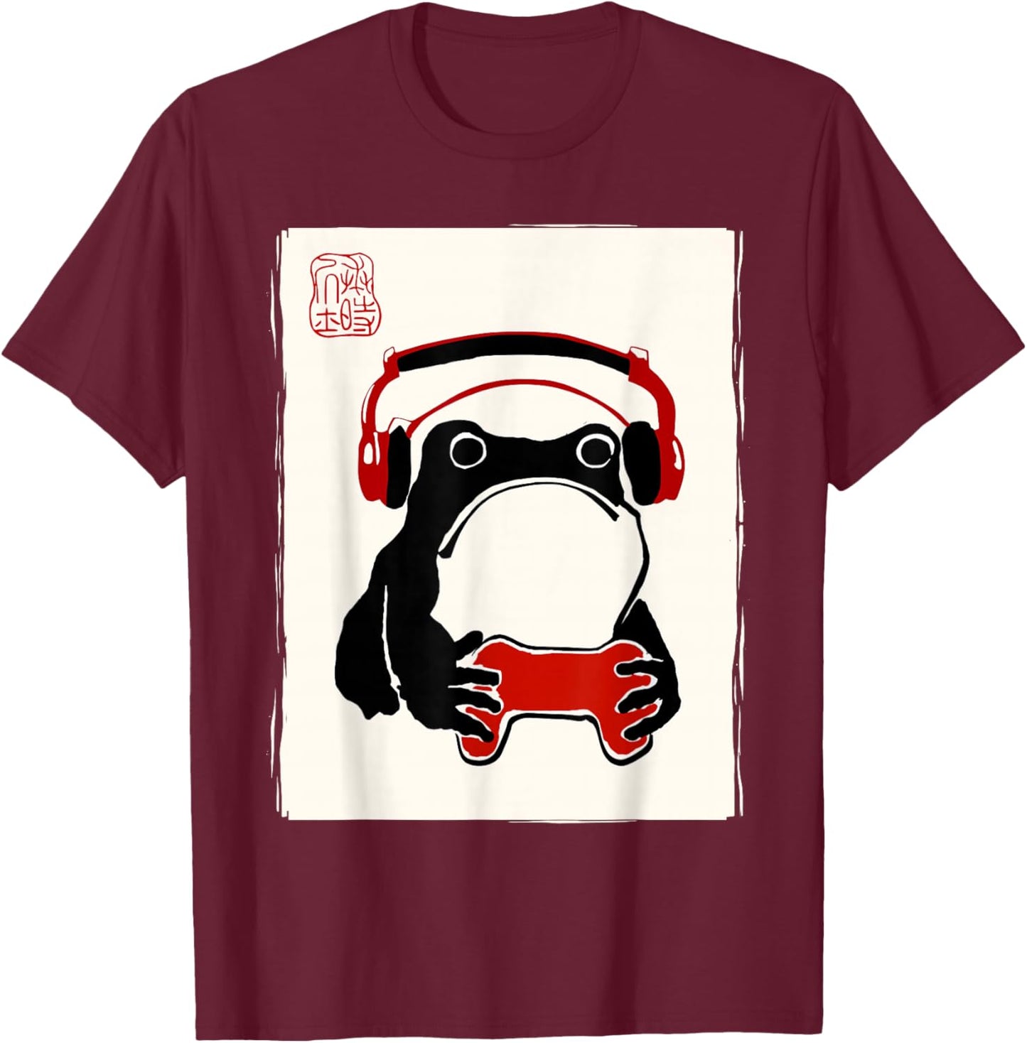 Grumpy Frog Gamer Bruh Ink Painting Japanese Funny Gamer T-Shirt - T-Shirt | Maroon