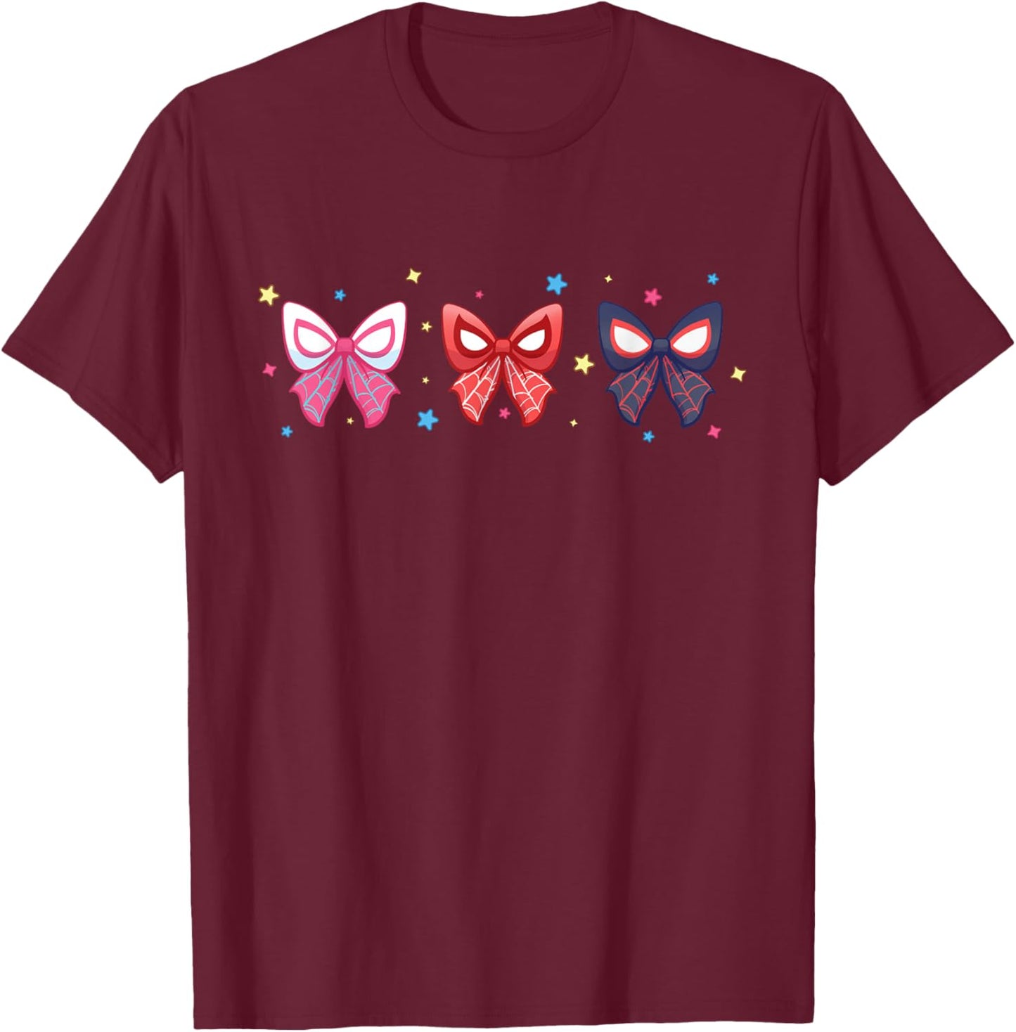 Marvel Spider-Man and Ghost-Spider Trio Cute Coquette Bows T-Shirt - T-Shirt | Maroon