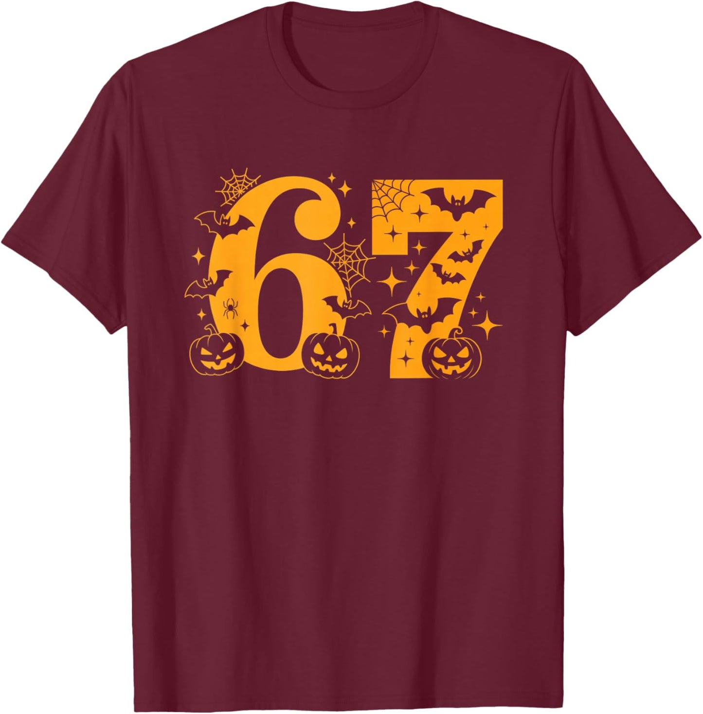 Six Seven Halloween Spooky Scary Fun Bat Pumpkin Spiderweb T-Shirt - T-Shirt | Maroon