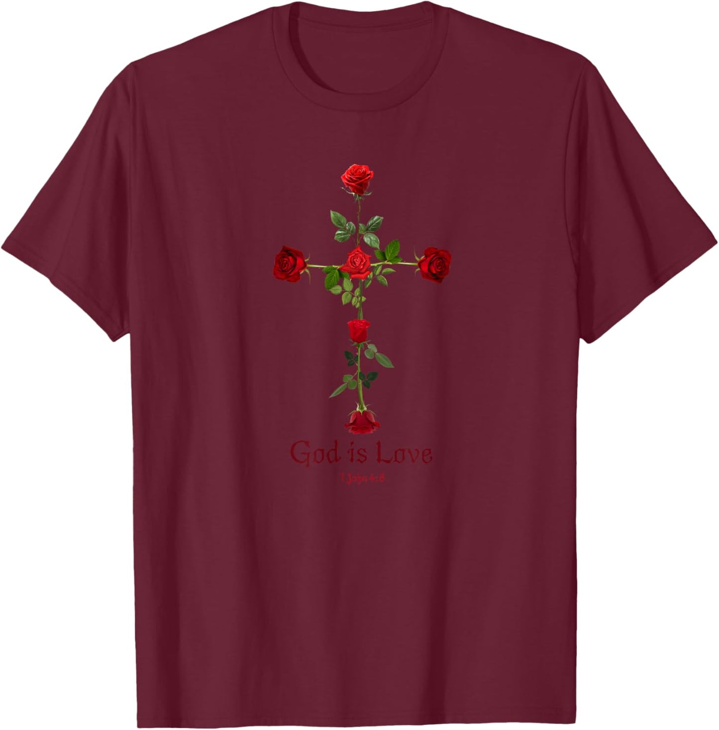 Gothic Dark Roses Cross with Love Verse T-Shirt - T-Shirt | Maroon