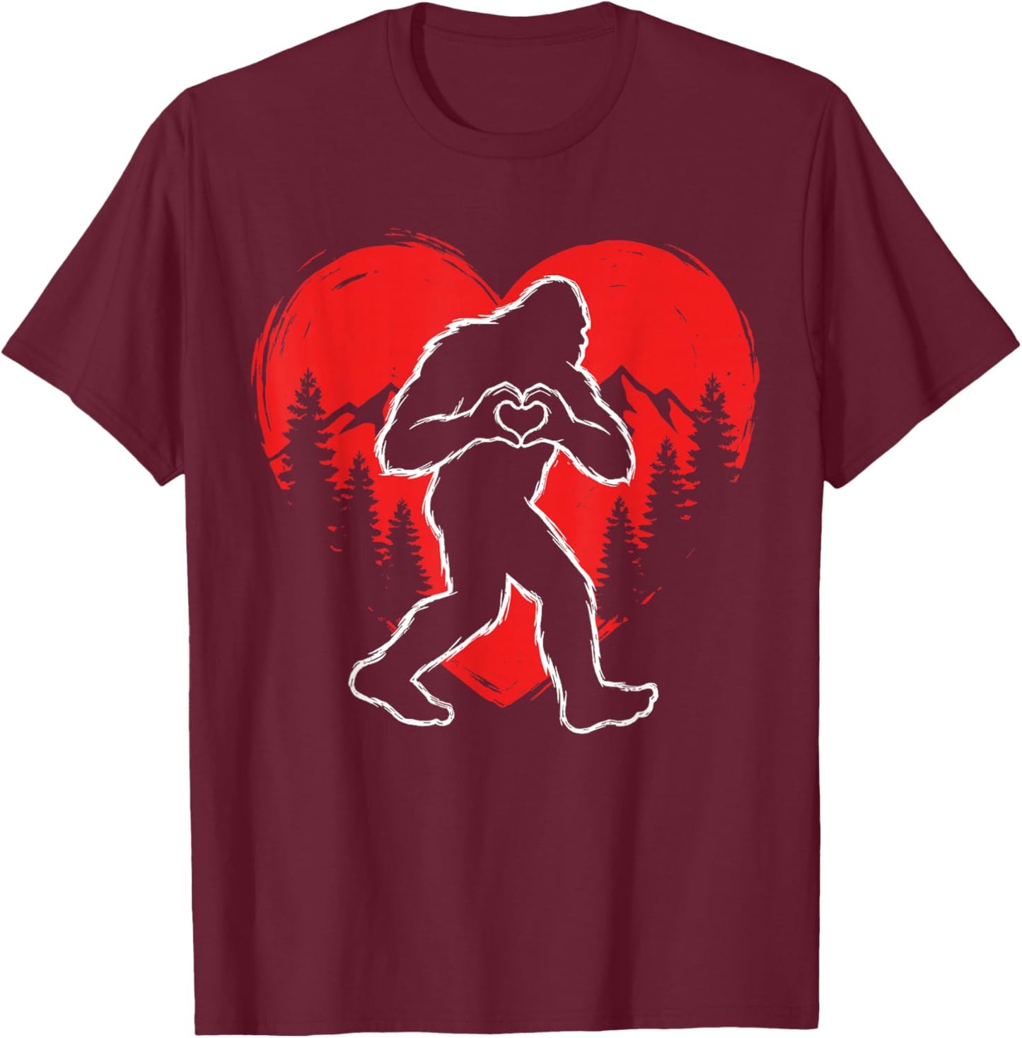 Funny Bigfoot in Love Hearts Hand Happy Valentine's Day T-Shirt - T-Shirt | Maroon