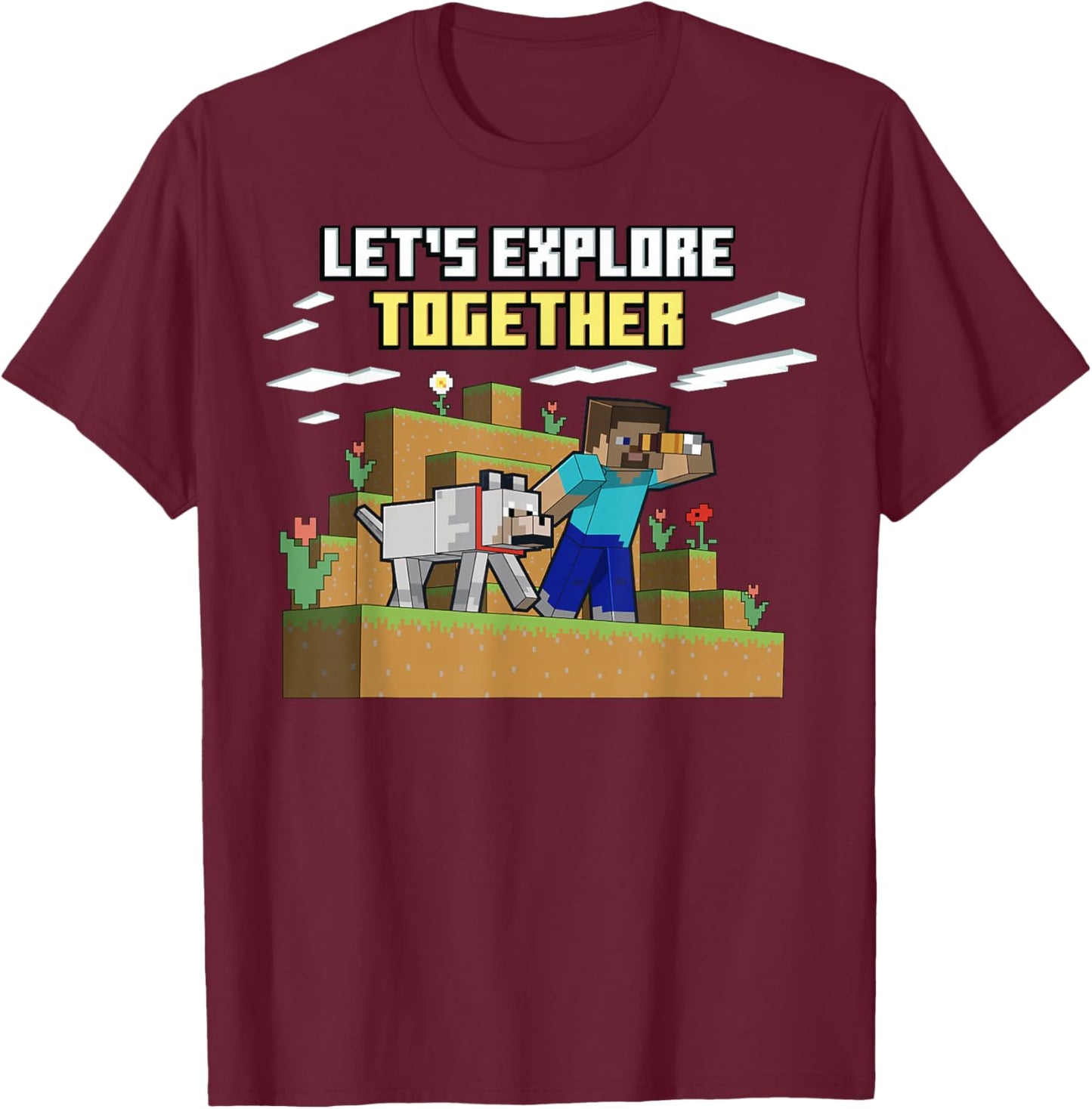 Minecraft Steve Wolf Exploring Together T-Shirt - T-Shirt | Maroon