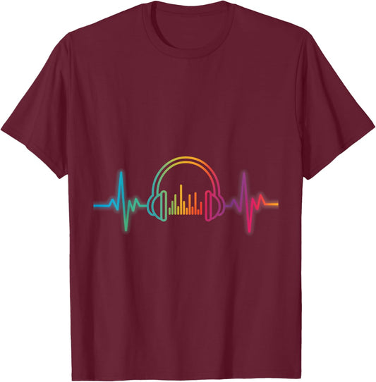 Rainbow DJ Headphones Soundwave Music Heartbeat T-Shirt - T-Shirt | Maroon