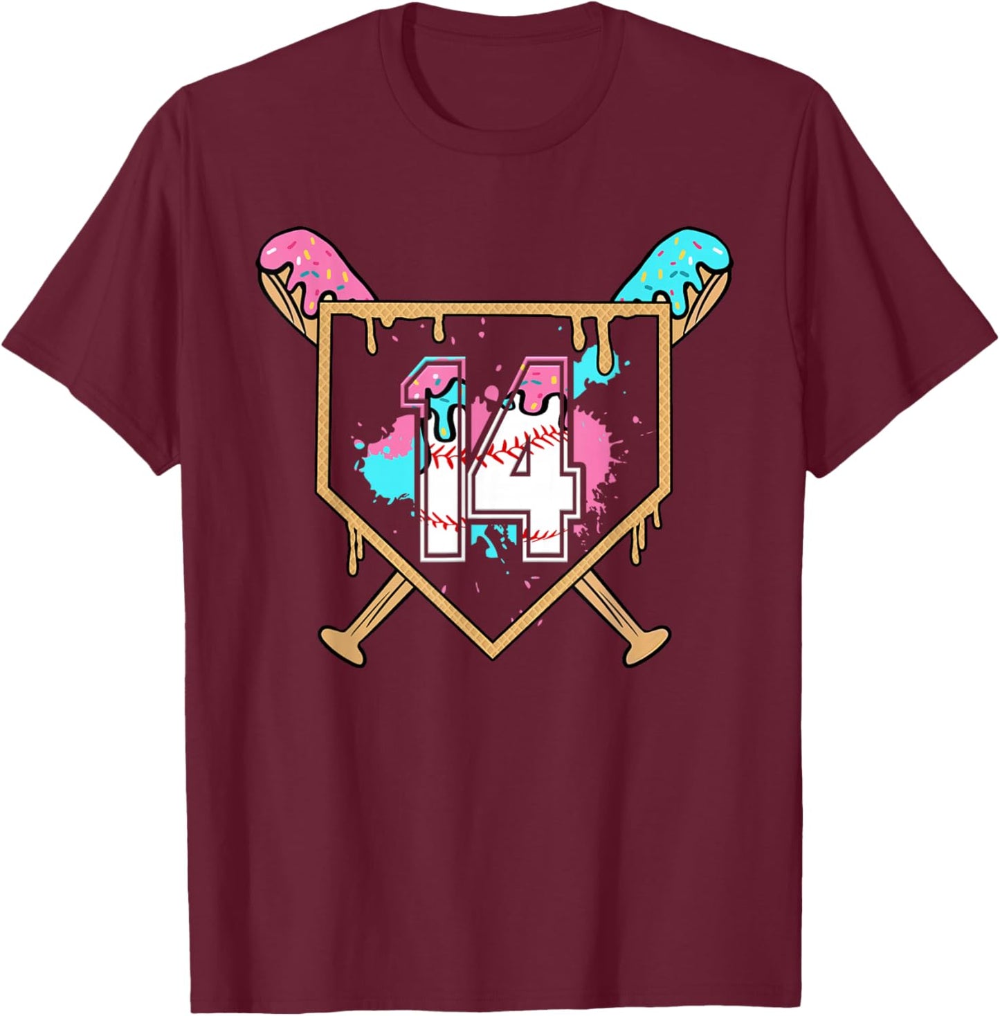 14th Birthday Baseball Bat Ice-Cream Drip 14yrs Old Boys T-Shirt - T-Shirt | Maroon