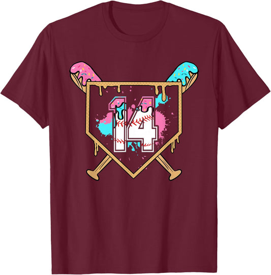 14th Birthday Baseball Bat Ice-Cream Drip 14yrs Old Boys T-Shirt - T-Shirt | Maroon