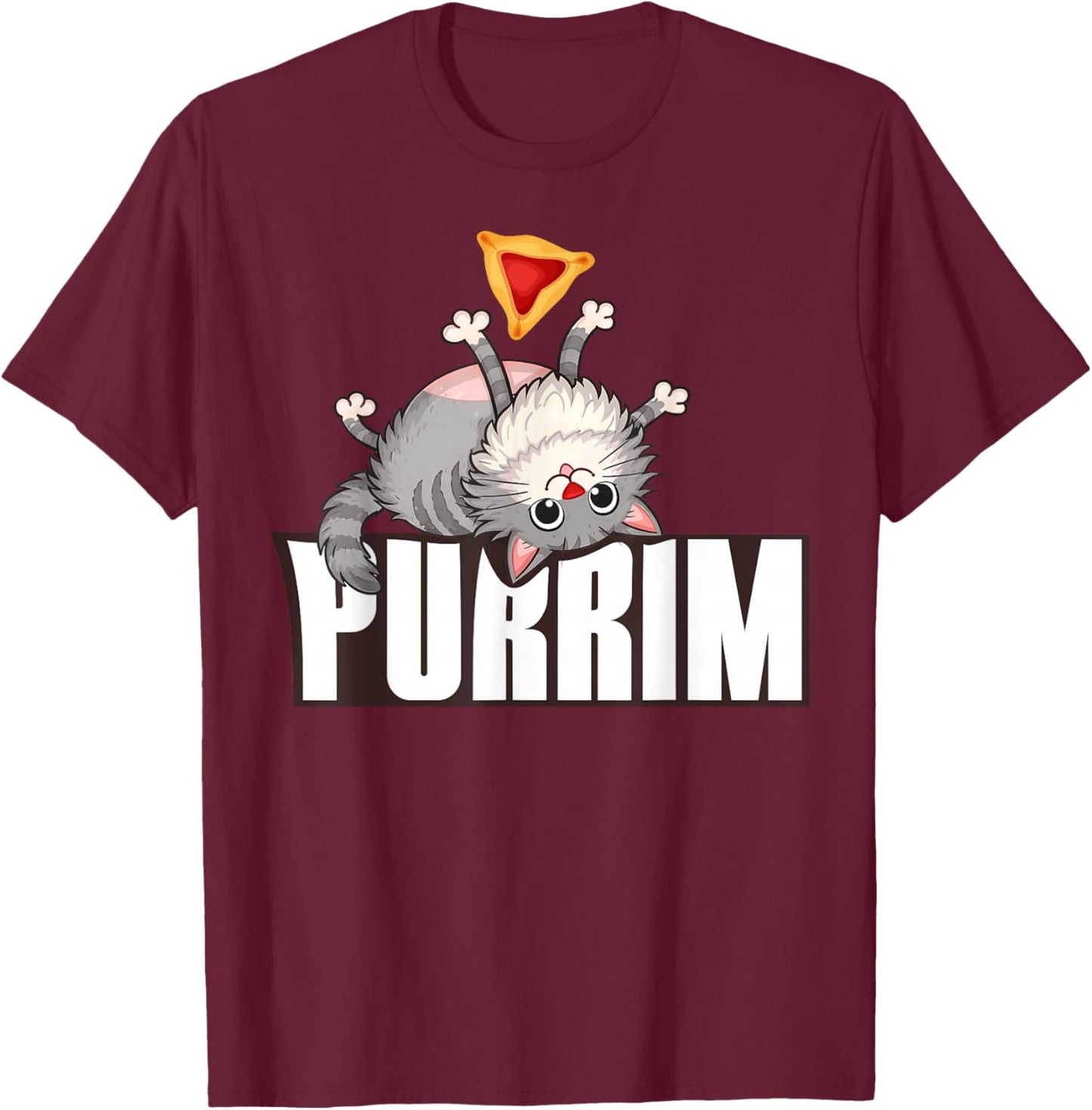 Funny Purrim Cat & Hamantash Jewish Holidays Happy Purim T-Shirt - T-Shirt | Maroon