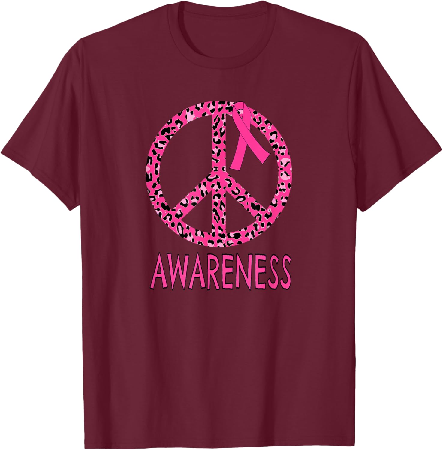 Breast Cancer Peace Sign Pink Leopard Print T-Shirt - T-Shirt | Maroon