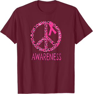 Breast Cancer Peace Sign Pink Leopard Print T-Shirt - T-Shirt | Maroon