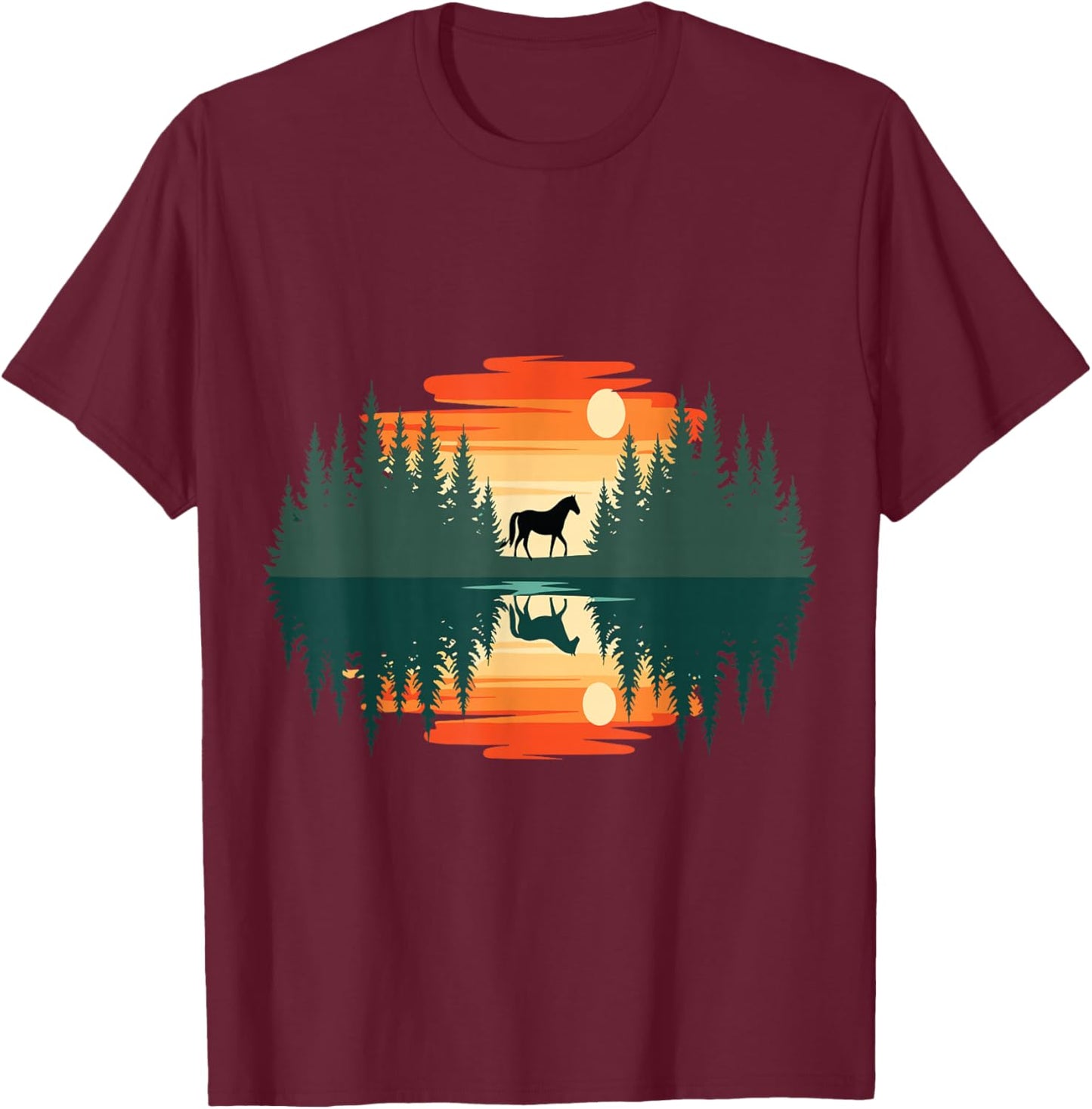 Majestic Horse Forest Silhouette Sunset Nature Reflection T-Shirt - T-Shirt | Maroon