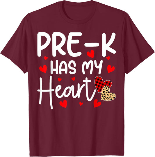 Pre-k Has My Heart Funny Valentine's Day Students Teacher T-Shirt - T-Shirt | Maroon