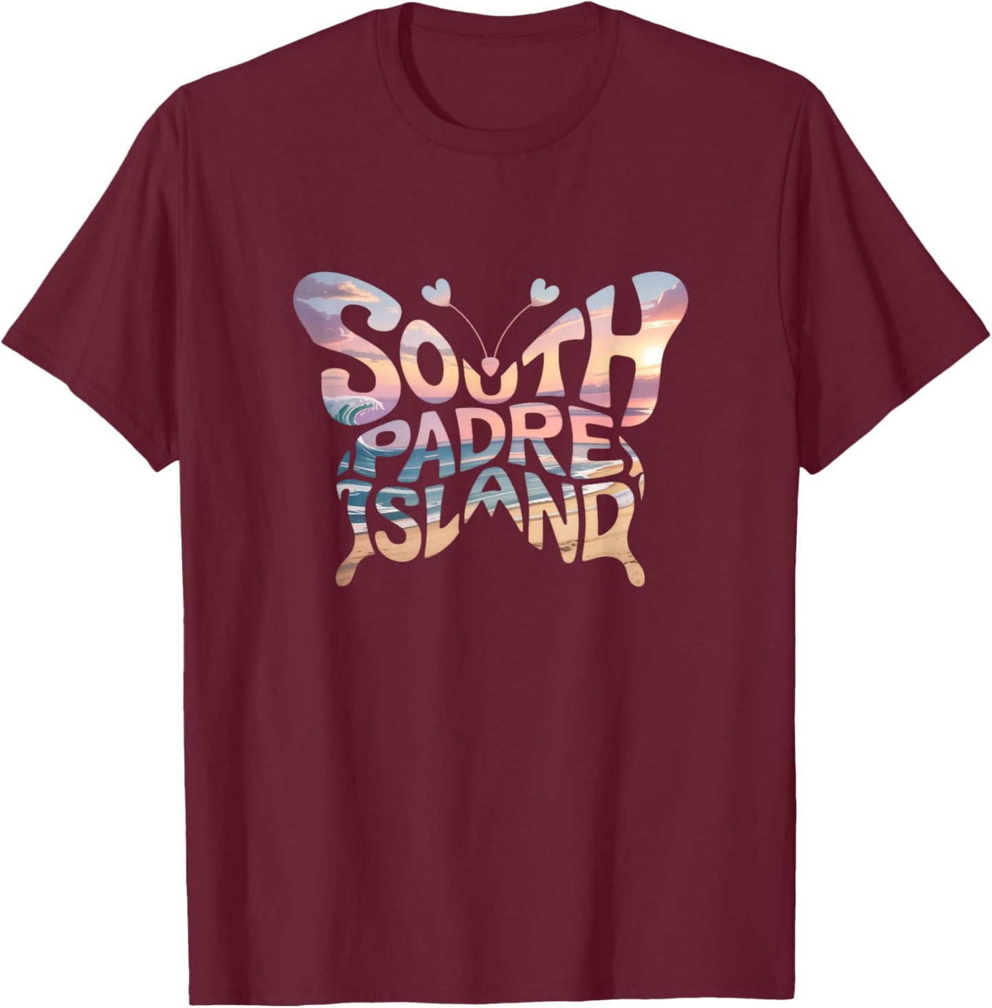 South Padre Island Butterfly - Texas Beach City Word Art T-Shirt - T-Shirt | Maroon