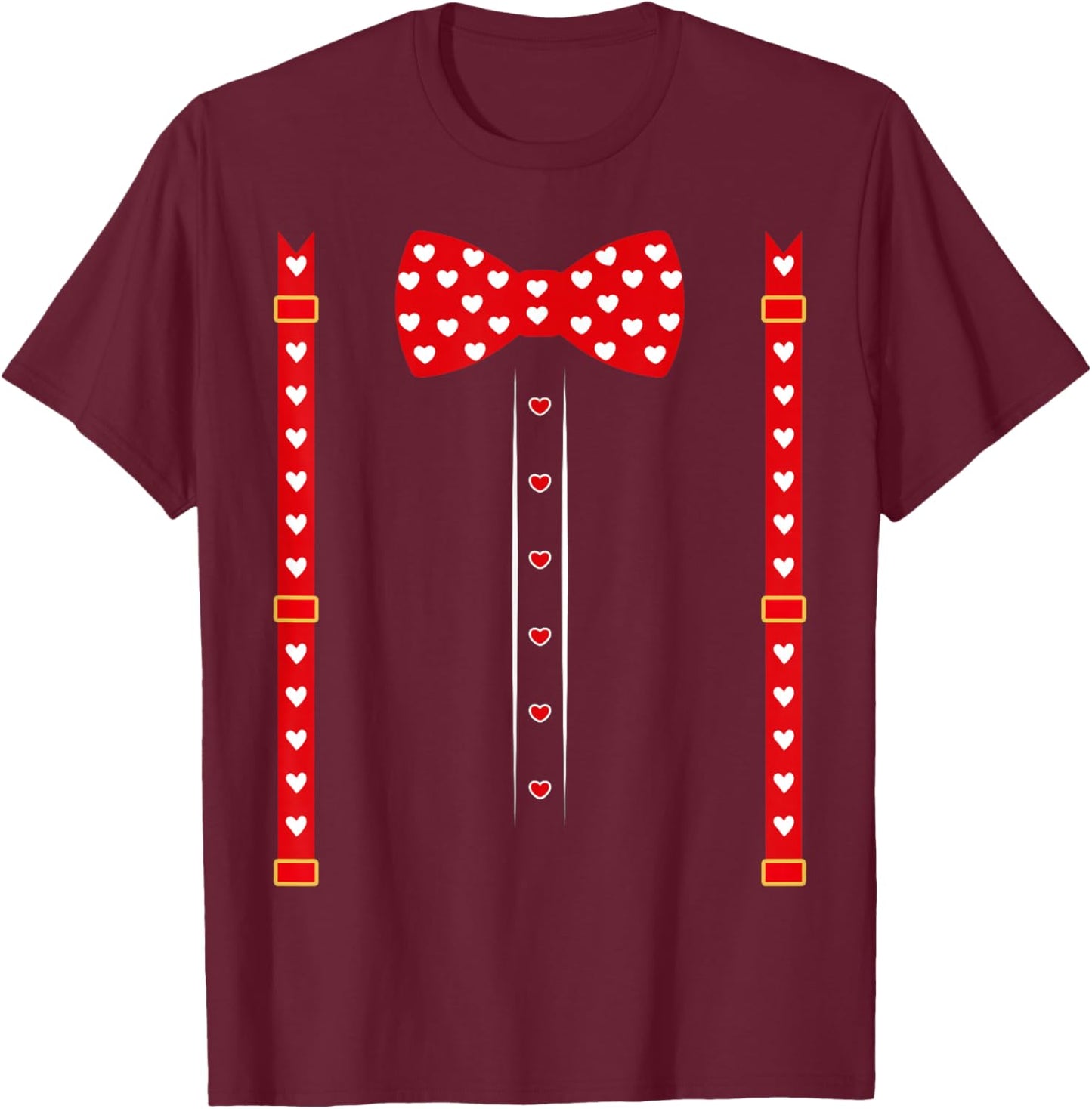 Valentine Outfit Red Hearts Bow Tie Valentines Day Costume T-Shirt - T-Shirt | Maroon