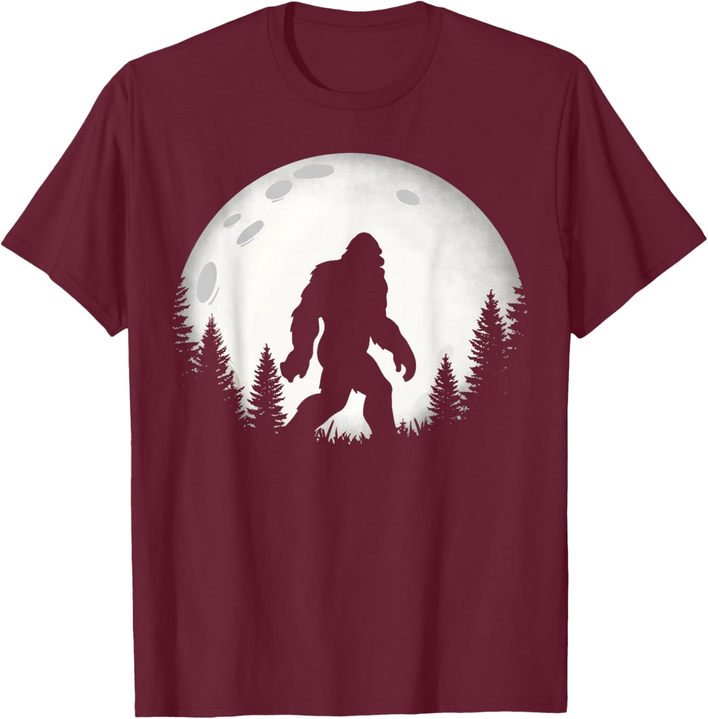Funny Bigfoot Hiking Walking Moon Forest Trees Sasquatch T-Shirt - T-Shirt | Maroon