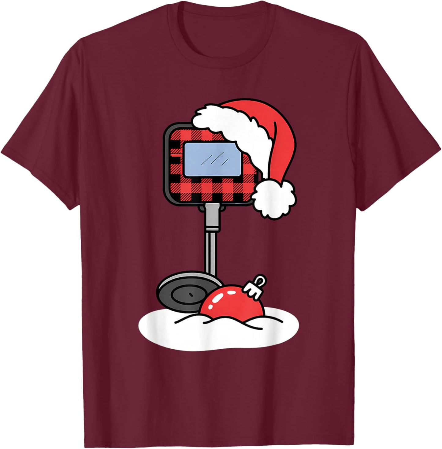 Christmas Buffalo Plaid Metal Detector with Santa Hat T-Shirt - T-Shirt | Maroon