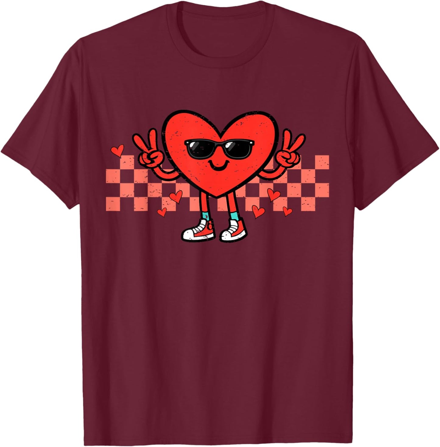 Valentines Day Heart Peace Hand Retro Groovy Men Women Kids T-Shirt - T-Shirt | Maroon
