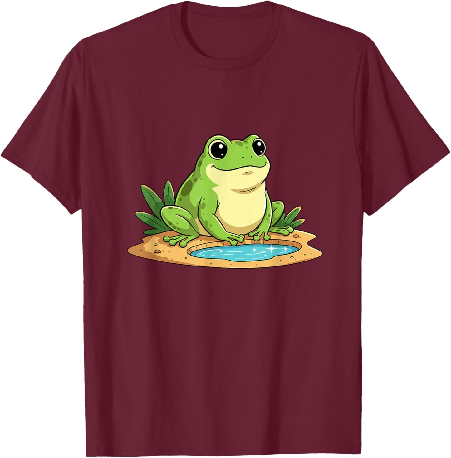 Kawaii Green Frog Sitting by Small Pond Cute T-Shirt - T-Shirt | Maroon