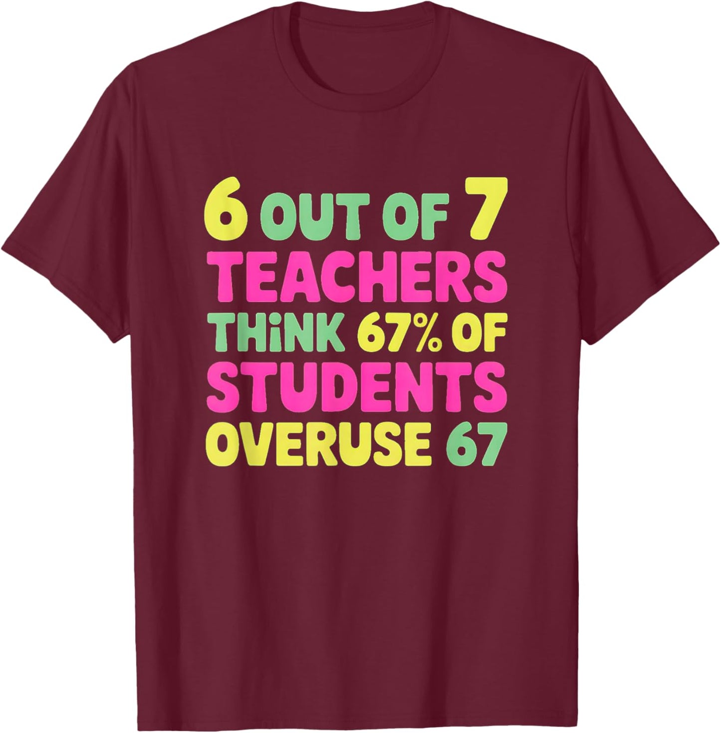 Funny 67 Teacher Shirt - Teacher 6 7 Funny Overuse 67 T-Shirt - T-Shirt | Maroon