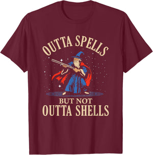 Outta Spells But Not Outta Shells Wizard Humor Fantasy T-Shirt - T-Shirt | Maroon