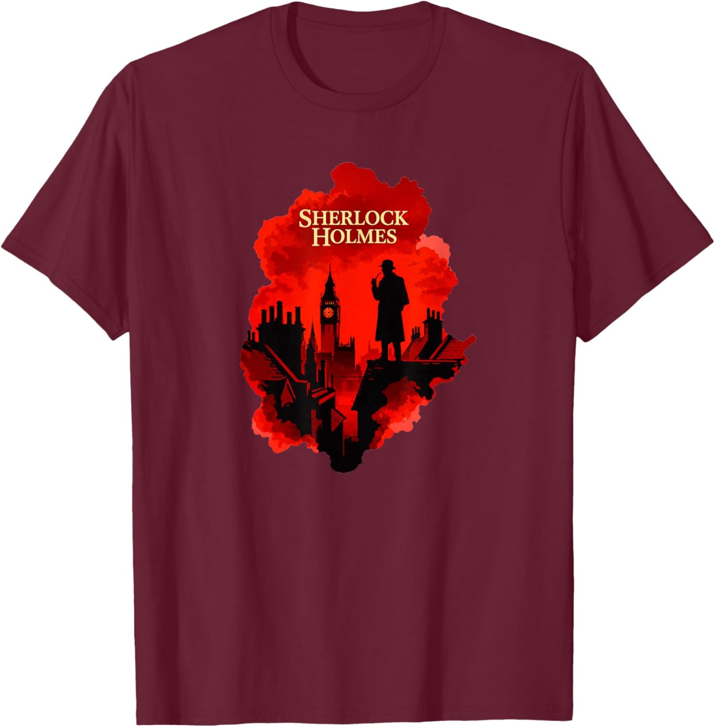 Sherlock Holmes London Silhouette Detective Art Design T-Shirt - T-Shirt | Maroon