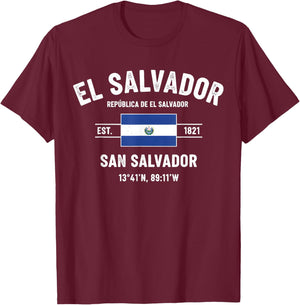 El Salvador Flag San Salvador Coordinates 1821 T-Shirt - T-Shirt | Maroon