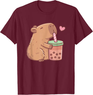 Cute Boba Capybara Drinking Bubble Tea Funny Animal Kids T-Shirt - T-Shirt | Maroon