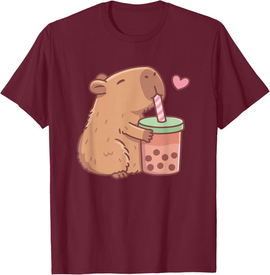 Cute Boba Capybara Drinking Bubble Tea Funny Animal Kids T-Shirt - T-Shirt | Maroon
