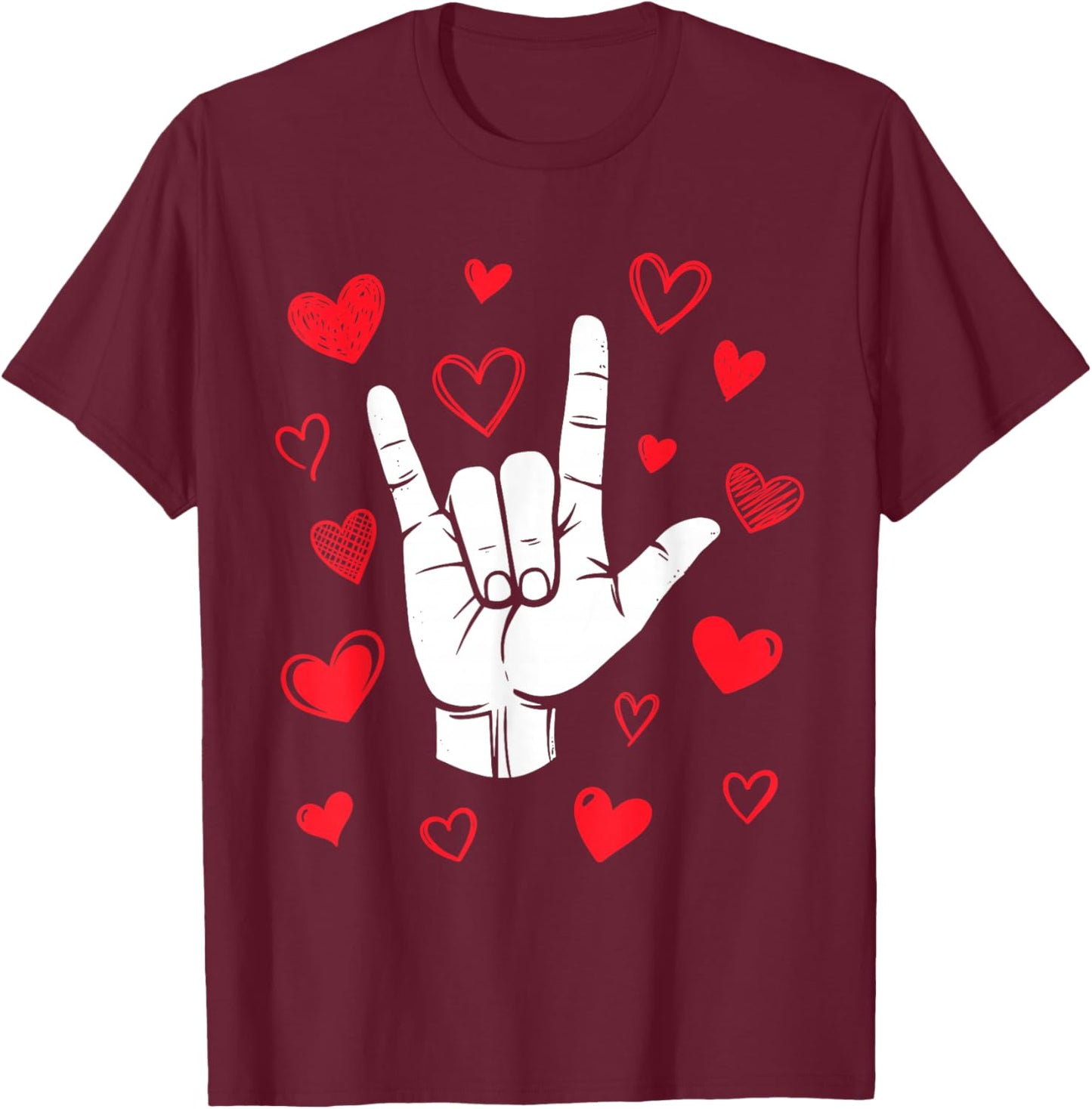 I Love You Sign Language Valentine's Day ASL Hearts T-Shirt - T-Shirt | Maroon