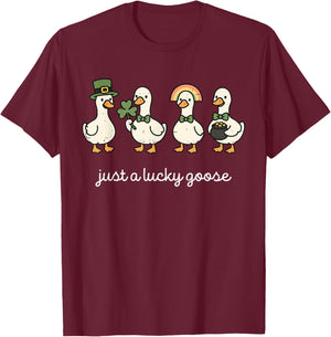 Funny Just A Lucky Goose St Patricks Day Cute Duck Shamrock T-Shirt - T-Shirt | Maroon