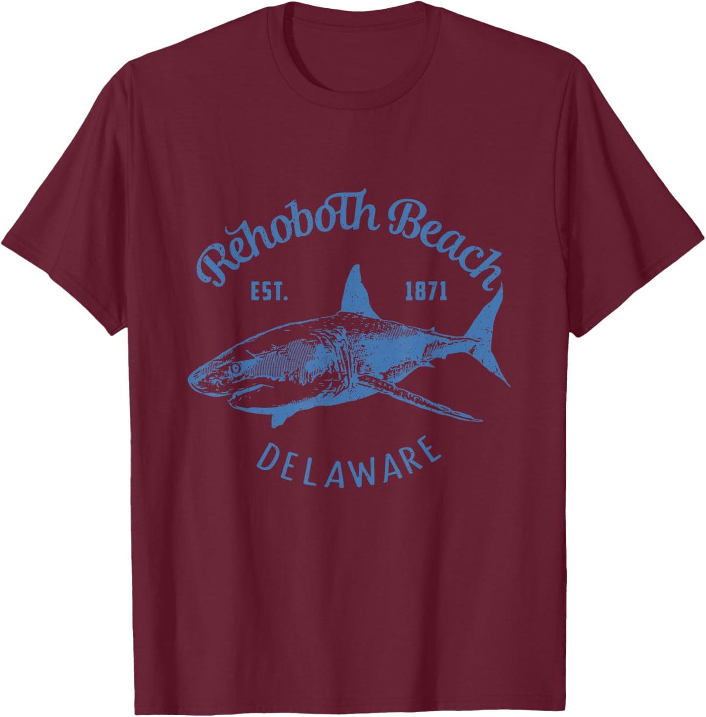 Rehoboth Beach Delaware Shark and Vintage Lettering Design T-Shirt - T-Shirt | Maroon