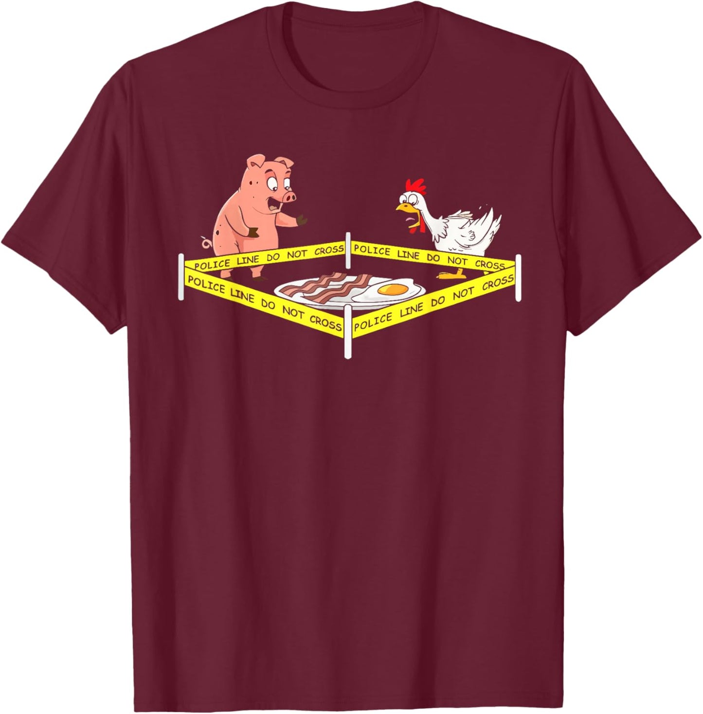Funny Crime Scene Bacon Egg Pig Chicken Food Thanksgiving T-Shirt - T-Shirt | Maroon